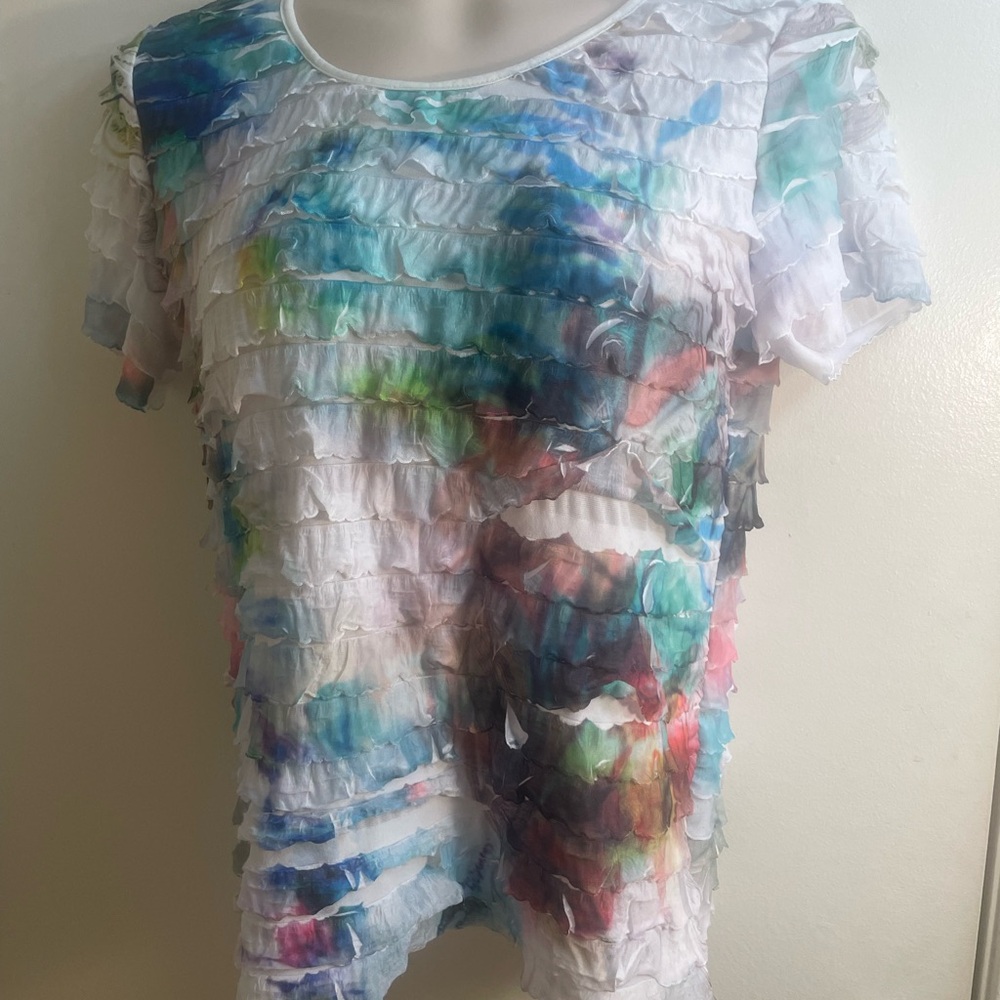 Notations White Multicolor Ruffle Short Sleeve Top